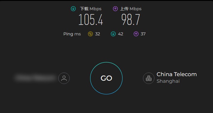 Proton VPN 在中国电信上海线路下的 Ookla Speedtest 测速结果:下载 105.4 Mbps